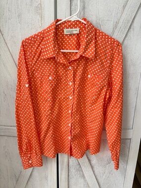 JONES NEW YORK Sport Petite Polka Dot Top Women’s P Large Orange White Button Up
